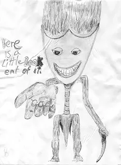 FACE TIME : This illustration is part of a 28-page packet from William Inge, whose documents included several similar drawings, typewritten pages with handwritten notes, and this opening: “What is going on in this world? You are all living a lie that has you selling your souls to get by. A law that doesn’t apply to all is a law that applys to no one. That Means that the ‘bill Of Rights’ is a lie and it is all down hill from there.”
