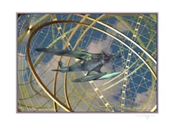 PHILIPPE’S FLYING COMPASS : Podevin represents his brother as a pilot flying through a gyroscope. - IMAGE BY J.F. PODEVIN