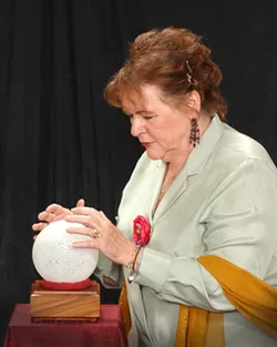 LIARS : Sophie Lemberg (Nancy Kunishige) plays a fortune teller in The White Liars, a one-act play featured along with The Black Comedy at Santa Maria Civic Theatre. - PHOTO COURTESY OF SANTA MARIA CIVIC THEATRE