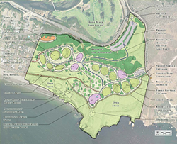 GAME PLAN: On Chevron’s 95-acre Avila Point property, the oil giant is proposing a combination remediation and redevelopment plan on the site of a former oil tank farm. Shown in this schematic is a rough, hypothetical idea of the “appropriately sized resort” with various amenities that Chevron is proposing for the site once cleanup is complete. - PHOTO COURTESY OF SLO COUNTY PLANNING DEPARTMENT