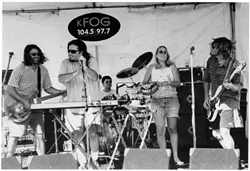 REMEMBERING MARK : (Left to right) Mark Kafoury, Doug Groshart, Dave Walker, Helen Tracewell-Guzzi, and Jon Scholl were part of the hot local act Itchy McGuirk, which has reunited sans Mark, who died last year, for a fundraiser on Aug. 21 at Avila Beach Resort. - PHOTO COURTESY OF ITCHY MCGUIRK