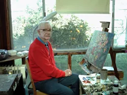 AN HONOR : Octogenarian multi-genre artist Chet Hill exhibits decades of oil paintings at La Perla del Mar Chapel in Shell Beach through March 12, with an opening reception on Feb. 27 from 6:30-8:30 p.m. The exhibit and sale will be open on Feb. 28 from 10:30-4:30 p.m. La Perla is located at 205 Windward Ave in Shell Beach. Hill’s artwork covers every inch of wall space at his Arroyo Grande home. His home studio ‘”is everything I want.” Hill’s collectors include Foo Fighters’ guitarist Chris Shiflett. The cathedral pictured was painted after Hill’s eyesight took a turn for the worse over 12 years ago. Info: LaPerlaDelMarChapel.com or 748-5547. - PHOTO BY CHRISTY HERON