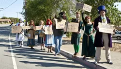 THEATERLESS! : For the past seven years, Kelrik Productions has been based at Unity Church, located on the corner of Johnson and Southwood Street in San Luis Obispo. Now that the venue has been sold, however, both Kelrik and Unity are without a home. In order to properly illustrate this, a few of the fun-loving characters from Kelrik’s many shows agreed to pose for this New Times photo. - PHOTO BY STEVE E. MILLER
