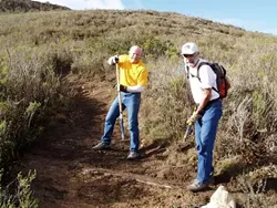 PREGAME WARM-UP : Every Super Bowl Sunday, members of Central Coast Concerned Mountain Bikers (pictured left to right are John Krueger of Los Osos and Ralph Battles of SLO) and other community volunteers spend the morning doing trail maintenance at Montana de Oro State Park. Join the fun on Sunday, Feb. 4. - PHOTO COURTESY OF CENTRAL COAST CONCERNED MOUNTAIN BIKERS