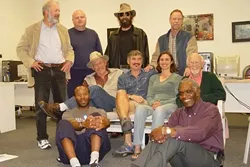 BEHIND THE MIC : Meet (front row, left to right) Jerry Burge as Pyles and Roy Henry as Joseph, (center, left to right) Don Wallis as Duke Mantee, John Pillow as Alan Squier, Wendy Knight as Gabrielle Maple, and Gomer Cool as Gramps Maple, (back row, left to right) Gene Strohl as the newscaster, Scott Grocott as Boze Hertzlinger, Mike Kaplan as Jackie, and Rob Kimball as Jason Maple. - PHOTO BY ASHLEY SCHWELLENBACH
