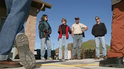 FACILITATING ART : City reps (left to right) Jennifer Lawrence, Betsy Kiser, Jeff Hendricks, and Dan VanBeveren show about a dozen artists the new Damon-Garcia Sports Complex, discussing possible locations for new public art projects. Nearly $40,000 is set aside to fund public art at the sports fields. - GLEN STARKEY