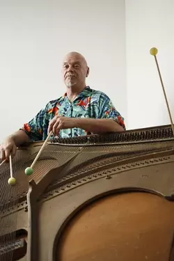 NO TICKLISH IVORIES HERE : One of Bob B. Hobbs' earliest musical creations, the Piano Harp Sounding Machine, looks like an ancient instrument. - PHOTO BY STEVE E MILLER