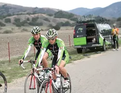 SPEED MACHINES : Brian Sheedy, left, and Garrett Peltonen are members of Team Priority Health, a Michigan-based team training for the Amgen Tour of California in the Santa Maria Valley. Cyclists will make their way to San Luis Obispo on Feb. 22. - PHOTO BY CRAIG SHAFER