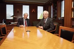 AT THE TABLE : William Durgin (right) is stepping in as Cal Polys new provost and vice president of academic affairs. President Warren Baker (left) isnt going anywhere for now, but he is willing to talk about what life after Poly may look like. - PHOTO BY JESSE ACOSTA