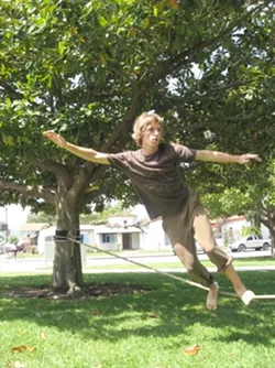 SLACKER : Jerry Miszewski has been kicked out of just about every city park in San Luis Obispo for slacklining--a sport that's sanctioned in many cities and national parks, including Yosemite, where the sport was born. - PHOTO BY KYLIE MENDONCA