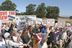 BROKEN GROUND :  Los Osos citizens protested when the pre-recall CSD board ceremonially broke ground at Tri-W. Now, an engineering firm puts that site at the bottom of the list for a sewer location. - FILE PHOTO
