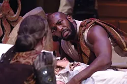 LOVED NOT WISELY : Othello (Corey Jones) and Emilia (Elizabeth Stuart) argue over the corpse of Desdemona (Vanessa Ballam). - PHOTO COURTESY OF PCPA