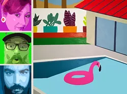 CANNONBALL CONTEST!: (From top to bottom, left) Hayley “H-Bomb” Cain, Dr. Reid “Crusher” Cain, and Gabriel “Crusher” Olivarria are Hayley and the Crushers, playing Sally Loo’s on July 23, in conjunction with an art show of Neal Breton’s pool-themed work. - PHOTO COLLAGE BY REID CAIN
