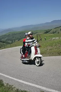 PREFUMO CANYON PERFECTION: Curtis and Jesse Campbell ride their vintage Lambretta scooter through the hills of SLO County. - PHOTO BY GLEN STARKEY