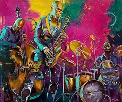 ALL ABOUT THAT BASS: Artist Colleen Gnos, who also plays bass in the band Fox and Rice, often features other bass players in her jazz-inspired paintings, like 'Spontaneous Groove.' - IMAGE COURTESY OF COLLEEN GNOS