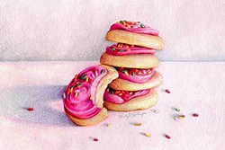 BET YA CAN&rsquo;T HAVE JUST ONE:  To create mouth-watering renderings of food like Pink+Frosted+Sugar+Cookies, Kendyll Hillegas starts with a light pencil sketch to lay out proportions and composition, and then uses some mix of watercolor, colored pencil, marker, wax pastels, and gouache to gradually build up color and detail. - IMAGE COURTESY OF KENDYLL HILLEGAS