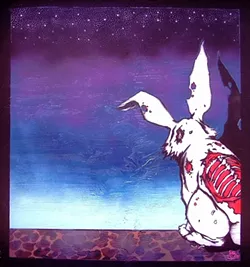 SOME BUNNY’S NOT SO ALIVE: This decaying, possibly zombie bunny stenciled by Silas Corley is reflective of his signature style, which riffs on the contrast of death and fun, bright colors. - IMAGE COURTESY OF SILAS CORLEY