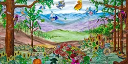 WORKING IN HARMONY: A piece depicting a meadow created by Lyndon Schaeffer and his students hangs at Achievement House’s downtown SLO location. - PHOTO BY JAYSON MELLOM
