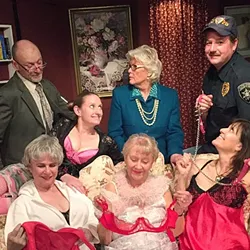 OOH LA LA!: The cast of Nana’s Naughty Knickers, from left to right: (back row) Gil Schmidt (Gregory Schoonover), Heather Van Pree (Mindy Rains), Claire Schmidt (Barbara Roche), Tom O’Grady (Derek Ehinger), Vera Walters (Joyce Calderone), Sylvia Charles (Barbara McKee), and Bridget Charles (Rayna Ortiz). - PHOTO COURTESY OF PEWTER PLOUGH PLAYHOUSE