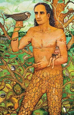 WILD MAN: A tattoo on a half-man half-animal implores the viewer to “Let us hold dear the lives of all species,” in artist Irene Hardwicke Olivieri’s painting, 'Call from Paradise.' - IMAGE COURTESY OF CUESTA COLLEGE