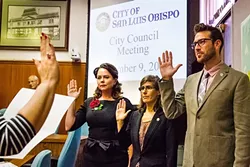 ROCK THE VOTE: SLO County voters turned out in record numbers to make their voices heard in a controversial election year on the national, state, and local level. Left to right, new SLO Mayor Heidi Harmon and new City Council members Andy Pease and Aaron Gomez were sworn into office in December. - FILE PHOTO BY JAYSON MELLOM