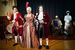 LIKE THE WIND : Salieri’s venticellos (from left: Edgar De La Cruz, Claire Fundaro, and Sean McCallon), or little winds, bring him the latest gossip about Mozart. - PHOTO BY JAYSON MELLOM