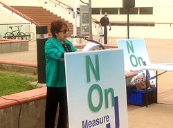 JUST SAYING NO:  Andrea Seastrand and members of the Central Coast Taxpayers association held a rally Sept. 12 to speak against a proposed transportation sales tax ballot measure. - PHOTO BY CHRIS MCGUINNESS