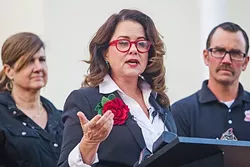 NEW MAYOR : SLO Mayor-elect Heidi Harmon addresses a crowd at City Hall on Nov. 28 after defeating three-term incumbent Jan Marx by 47 votes. - PHOTO BY JAYSON MELLOM