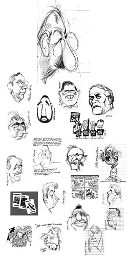 SKETCHY BUSINESS : Notebook sketches of people like SLO City Councilmember John Ashbaugh and former SLO Mayor Ken Schwartz accompany finished cartoons in editorial cartoonist Russell Hodin’s exhibit at Linnaea’s Café. - IMAGES COURTESY OF RUSSELL HODIN