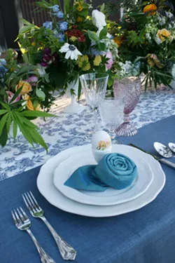 PASS IT AROUND A cannabis inspired wedding table spread is equally inviting and groovy thanks to Sprigs Floral Designs. - PHOTO BY HAYLEY THOMAS CAIN