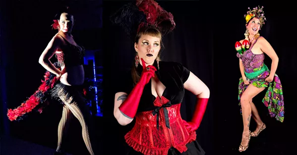 LEGENDARY Burlesque on the Bar heats up the Rendarrio Vineyard tasting room this Aug. 26. Performers include Rouge de Sang (left); tasting room manager Liz Gillingham, aka, "Liz Glamazon,"(center); and Madam Minge (right). - PHOTOS COURTESY OF JASON HICKMAN PHOTOGRAPHY