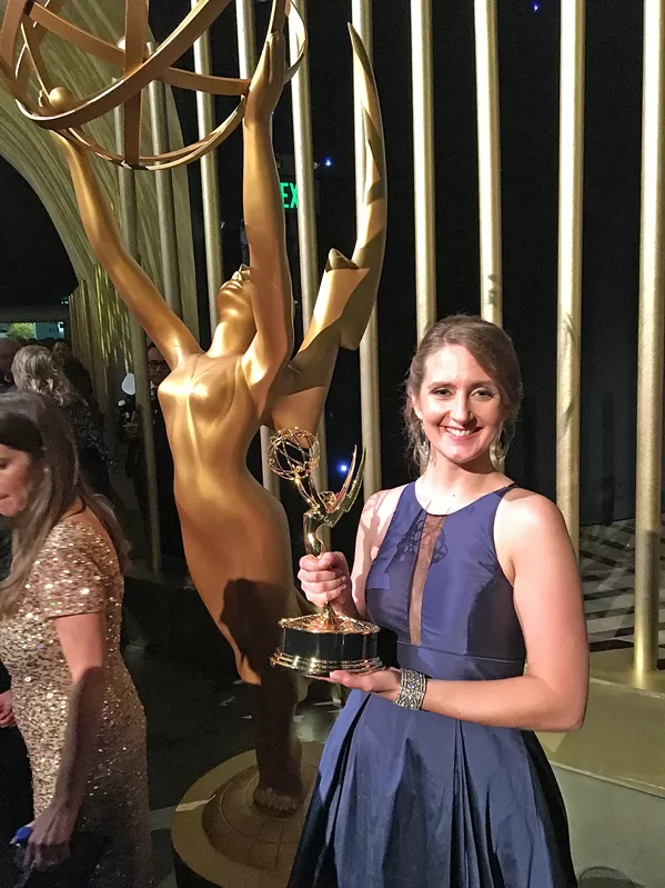 AND THE AWARD GOES TO … Paso Robles native Jamie Martin stands with her Emmy at the awards show in Los Angeles in September. Martin won for video editing on the popular reality television show RuPaul’s Drag Race. - PHOTO COURTESY OF JAMIE MARTIN