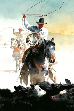ROUND 'EM UP From competing at the rodeo in his youth to helping out with friends' horses now, Utah artist Don Weller seeks to show joy in pieces like Comes in Swingin'. - IMAGE COURTESY OF DON WELLER