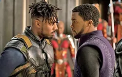 USURPER Erik Killmonger (Michael B. Jordan, left) demands ritual combat to challenge T'Challa (Chadwick Boseman) for the throne of Wakanda. - PHOTO COURTESY OF MARVEL STUDIOS AND WALT DISNEY PICTURES