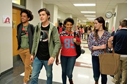 HIGH SCHOOL CONFIDENTIAL Gay teen Simon (Nick Robinson, second from left) hides his sexuality from his best friends, (left to right) Nick (Jorge Lendeborg Jr.), Abby (Alexandra Shipp), and Leah (Katherine Langford). - PHOTO COURTESY OF FOX 2000 PICTURES