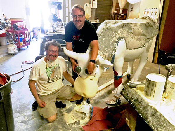 BEHIND THE SCENES In the pilot episode of their show, Drawing Inspiration, Leigh Rubin (left) and Ryan Johnson (right) talk about the process of creating Adventure Cow together for the CowParade in SLO a few years back. - PHOTO COURTESY OF LEIGH RUBIN