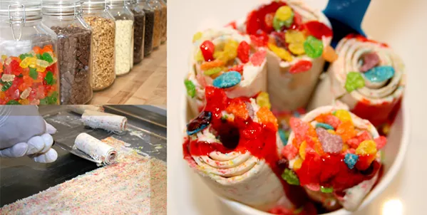 ROLL WITH IT Rolld ice cream is frozen flat before being curled into photogenic tubes. Add mix-ins like cookie crumbles or cereal and top with a rainbow of delights, including gummy bears, chocolate chips, syrups, and sprinkles. Rolld opens Saturday, May 12, at 785 Marsh St. - PHOTOS BY HAYLEY THOMAS CAIN