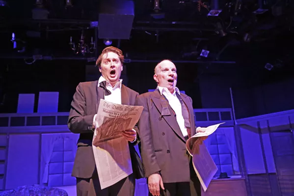 A FLOP GONE WRONG Things go awry when famous Broadway producer Max Bialystock (Billy Breed, right) and lowly accountant Leo Bloom (Toby Tropper) hatch a plan to get rich off a play that they hope will bomb in SLO Repertory Theatre's production of The Producers this February. - PHOTO COURTESY OF RYLO MEDIA DESIGN
