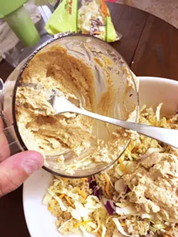 DRESSING THE QUINOA This quinoa vegetable bowl recipe called for an interesting almond butter, ginger, garlic, and lime dressing that turned out delicious. But it looks like hummus. - PHOTO BY PETER JOHNSON