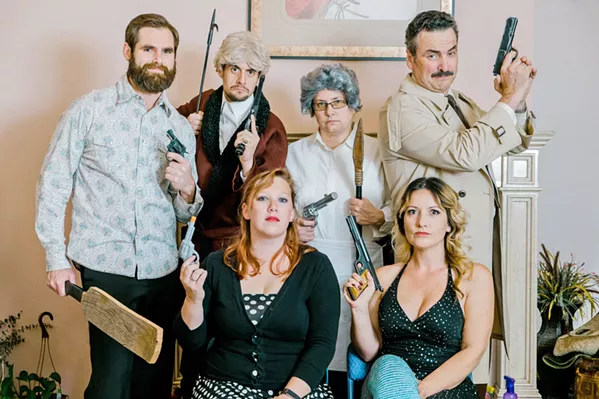 KILLER CAST David Rosenblatt, Greg DeMartini, Lisa Pekarek, Ed Cardoza, Sarah Smith, and Deirdre Loy (left to right, top to bottom) star in By the Sea Productions' The Murder Room. - PHOTO COURTESY OF BY THE SEA PRODUCTIONS/ IAIN MACADAM