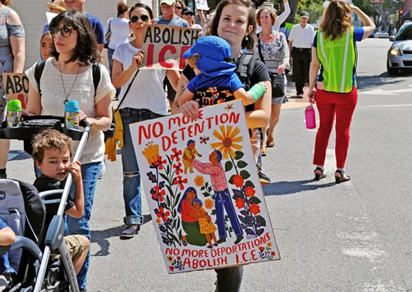 GET OUT Locals rallied against immigration policies at a June 30 protest at the SLO County courthouse (pictured), while candidates running for elected office in November are taking sides on the issue of dismantling U.S. Immigration and Customs Enforcement (ICE). The agency faced heavy criticism for its role in separating undocumented children from their parents at the U.S. border earlier this year. - PHOTO BY ASHLEY LADIN