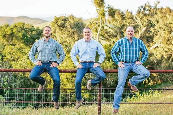 NEW RANCH CREW From left, Central Coast Meats CEO and co-founders Dylan Sweet and Kyle Clement, plus co-founder and Director of Farm Operations Thomas Matthews. Together, they're working to deliver humanely, sustainably, and locally raised meats directly to your door. - PHOTO COURTESY OF CENTRAL COAST MEATS