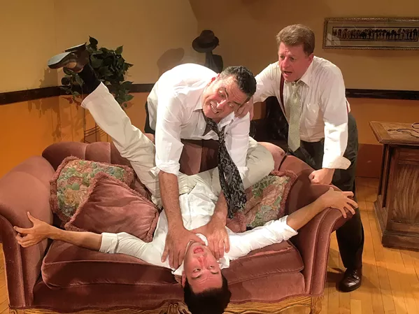 DEADLINE Director Victor Fleming (Ed Cardoza) strangles writer Ben Hecht (Tony Costa) while film producer David O. Selznick (Chad Stevens) interrupts the two during a five-day rewrite of the screenplay of the classic film Gone With The Wind. - IMAGE COURTESY OF WINE COUNTRY THEATRE