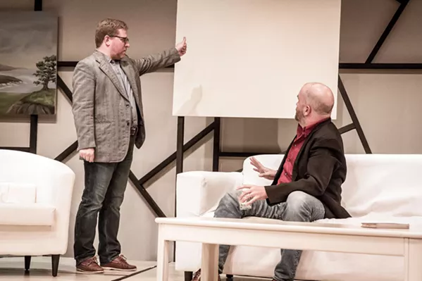 TASTE A pair of friends, Yvan (Timothy J. Cox) and Marc (Travis Mitchell), worry when their other friend buys an all-white painting for $200,000, in the play Art. - PHOTO COURTESY OF THE SLO REPERTORY THEATRE