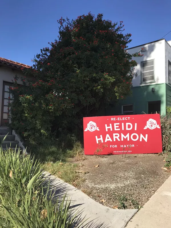 SIGN FIGHT Supporters of SLO mayoral candidate T. Keith Gurnee have alleged that Mayor Heidi Harmon’s campaign signs, like this one on Johnson Avenue, are larger than city code allows. But SLO officials say a recent U.S. Supreme Court case has rendered its sign rules unconstitutional. - PHOTO BY PETER JOHNSON