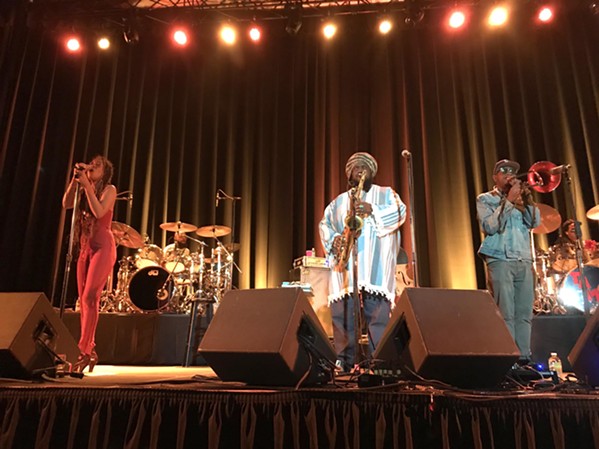 JAZZ LEGENDS Tenor saxophonist Kamasi Washington (center) and his seven-piece band, which included Patrice Quinn, Tony Austin, Ryan Porter, and Ronald Bruner Jr. (left to right), wowed the Fremont Theater on Oct. 20. - PHOTO BY PETER JOHNSON