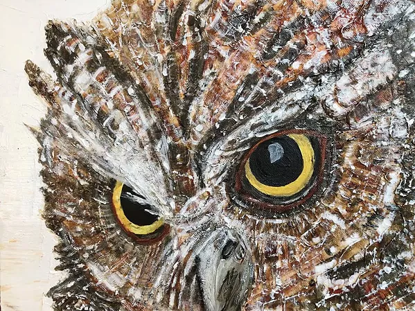IN THE GARDEN The acrylic painting Baby Barn Owl is a departure for artist Deprise Brescia, who usually crafts multimedia pieces. - PHOTO COURTESY OF DEPRISE BRESCIA