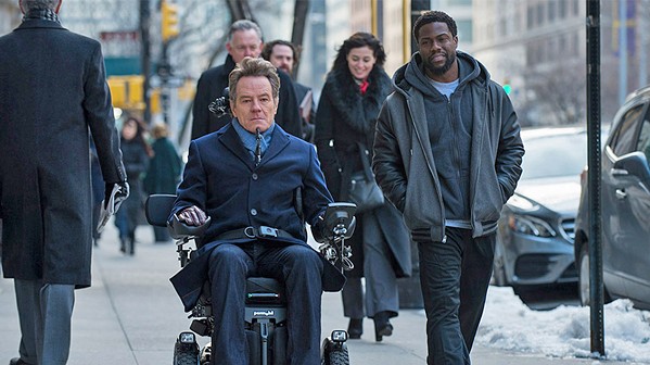 BRIGHT-SIDER Phillip (Bryan Cranston, center), a wealthy quadriplegic with a bad attitude, hires Dell (Kevin Hart, right), a man with a criminal record who helps him find the joy in life, in The Upside. - PHOTO COURTESY OF LANTERN ENTERTAINMENT