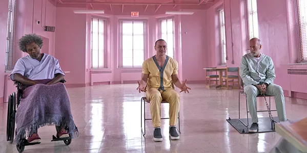 HEROES OR WEIRDOS? M. Night Shyamalan revisits his characters Elijah Price (Samuel L. Jackson, left), Kevin Wendell Crumb (James McAvoy, center), and David Dunn (Bruce Willis), in Glass. - PHOTO COURTESY OF BLINDING EDGE PICTURES
