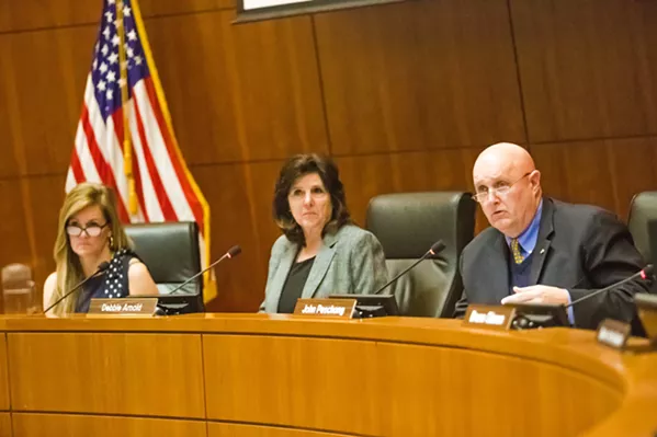 STATUS QUO SLO County supervisors (pictured) voted against allocating funds to administer an all-mail election in 2020. - PHOTO BY JAYSON MELLOM